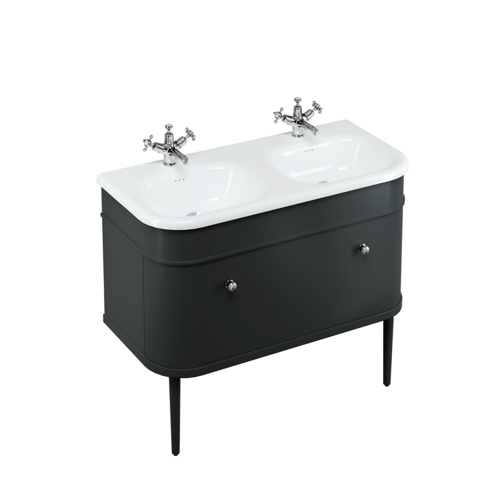 Chalfont 100cm Single drawer unit Matt Black with roll top basin, matt black legs & chrome handles