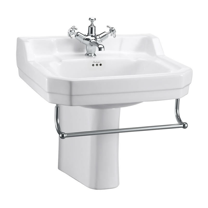 Edwardian 56cm basin, towel rail and semi pedestal