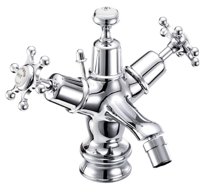 Birkenhead Regent bidet mixer with low central Burlington ceramic indice with pop-up waste