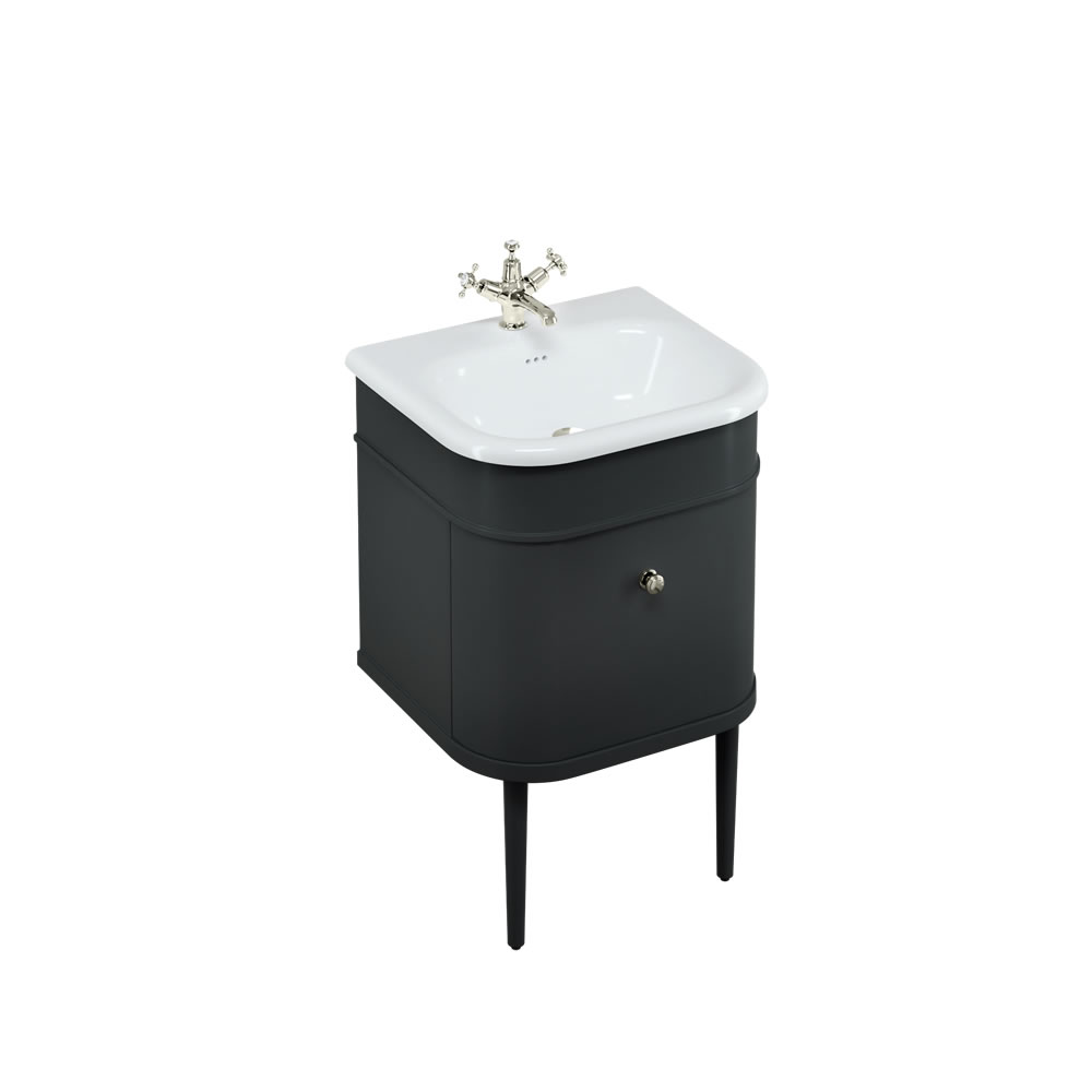Chalfont 55cm Single drawer unit Matt Black with roll top basin, matt black legs & nickel handles