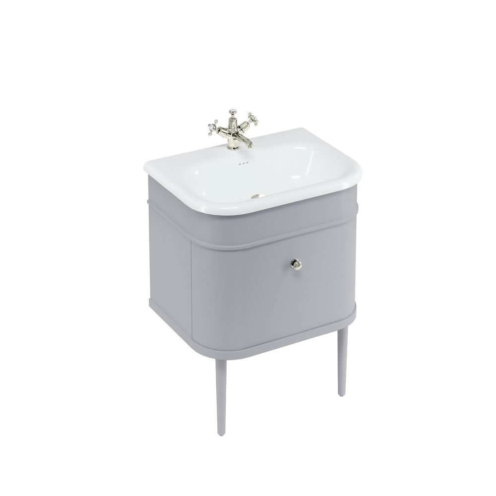 Chalfont 65cm Single drawer unit Matt Grey with roll top basin, matt grey legs & nickel handles