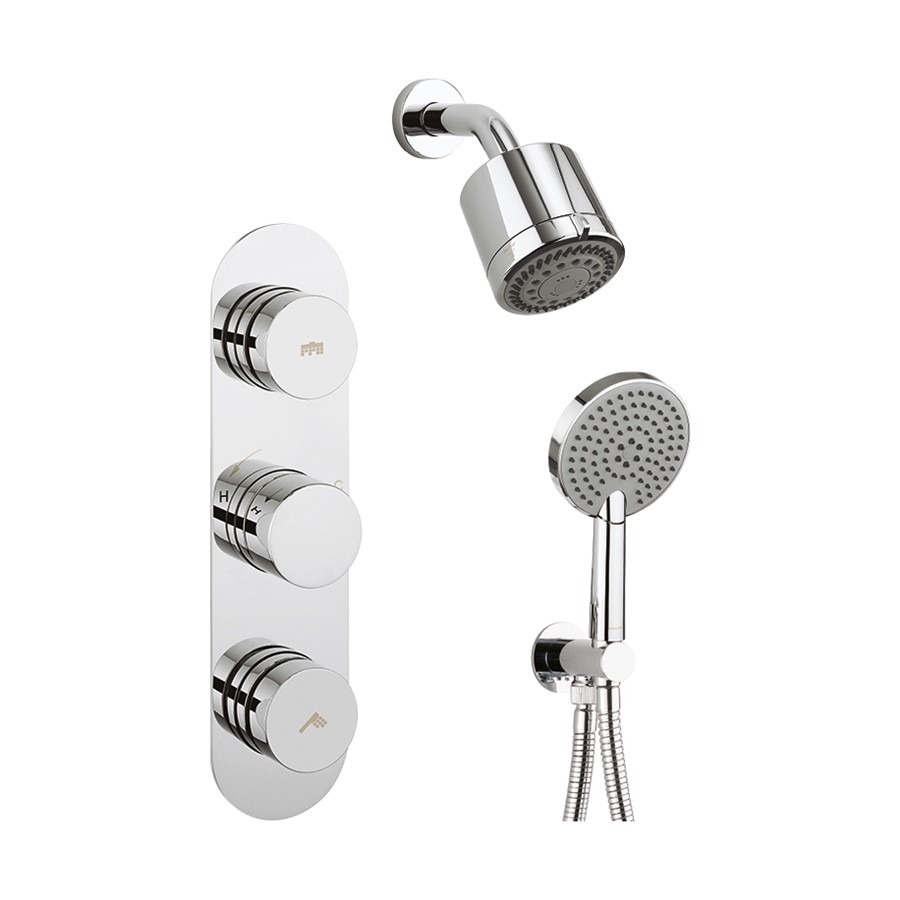 Dial Central Trim Thermostatic Shower Valve with 2 Way Diverter, Wall Outlet, Shower Handset, Hose, Shower Head & Arm