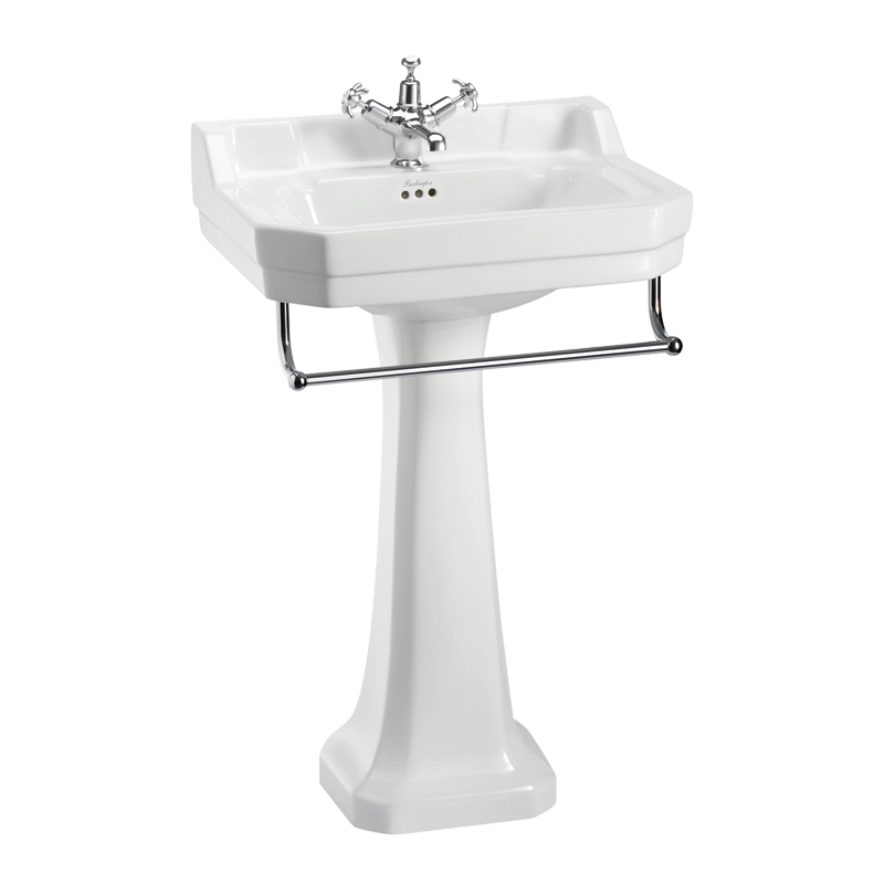 Edwardian 56cm basin, towel rail and regal pedestal