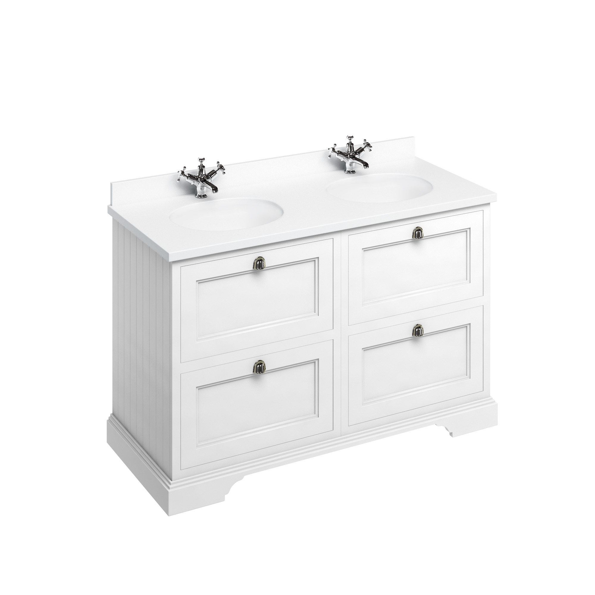 Freestanding 130 Vanity Unit with drawers - Matt White and Minerva white worktop with two integrated white basins