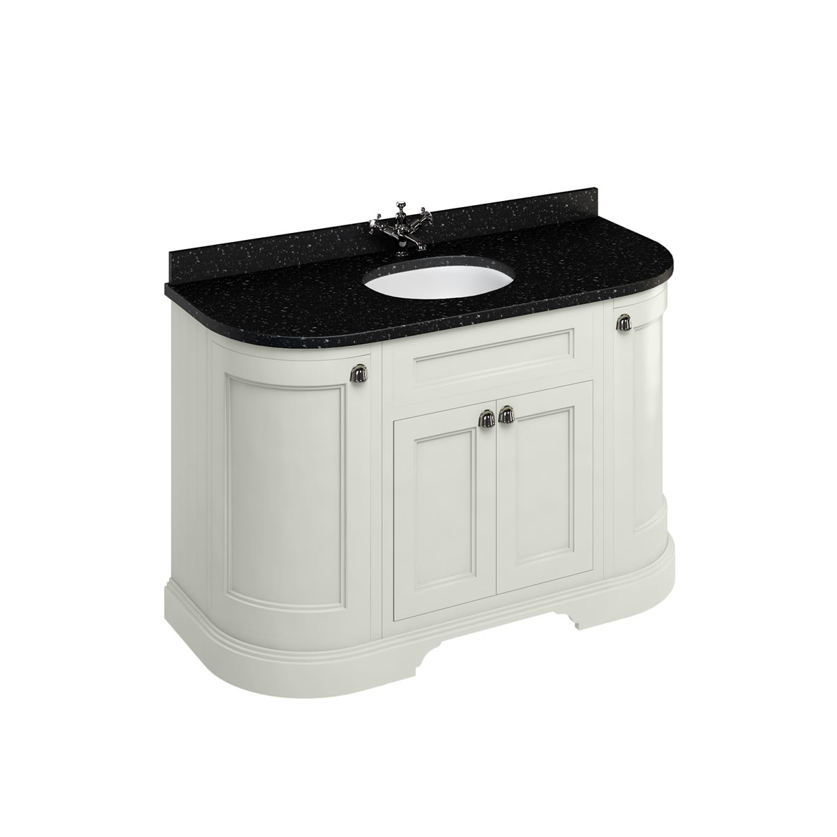 Freestanding 134 Curved Vanity Unit with doors - Sand and Minerva black granite worktop with integrated white basin
