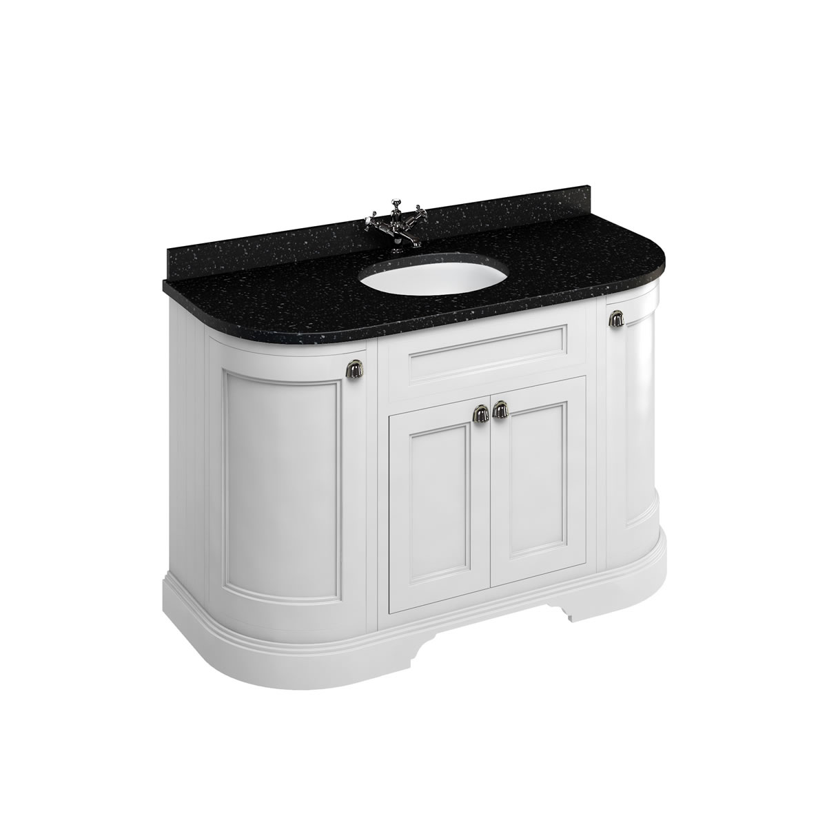 Freestanding 134 Curved Vanity Unit with doors - Matt White and Minerva black granite worktop with integrated white basin