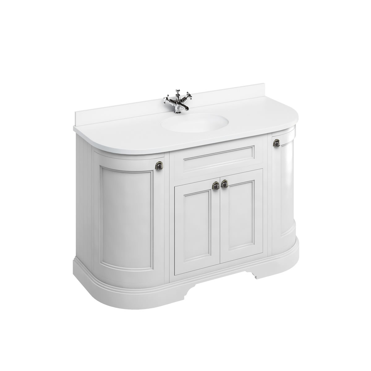 Freestanding 134 Curved Vanity Unit with doors - Matt White and Minerva white worktop with integrated white basin