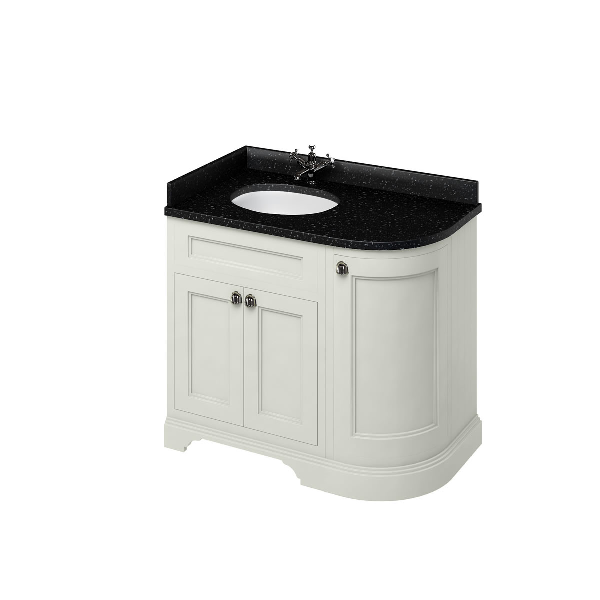 Freestanding 100 Curved Corner Vanity Unit Left Hand - Sand and Minerva black granite worktop with integrated white basin