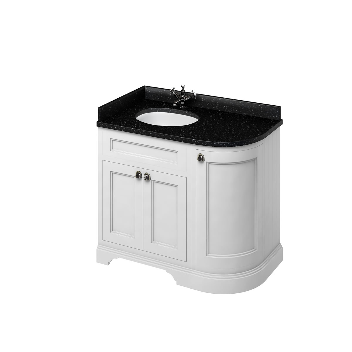 Freestanding 100 Curved Corner Vanity Unit Left Hand - Matt White and Minerva black granite worktop with integrated white basin