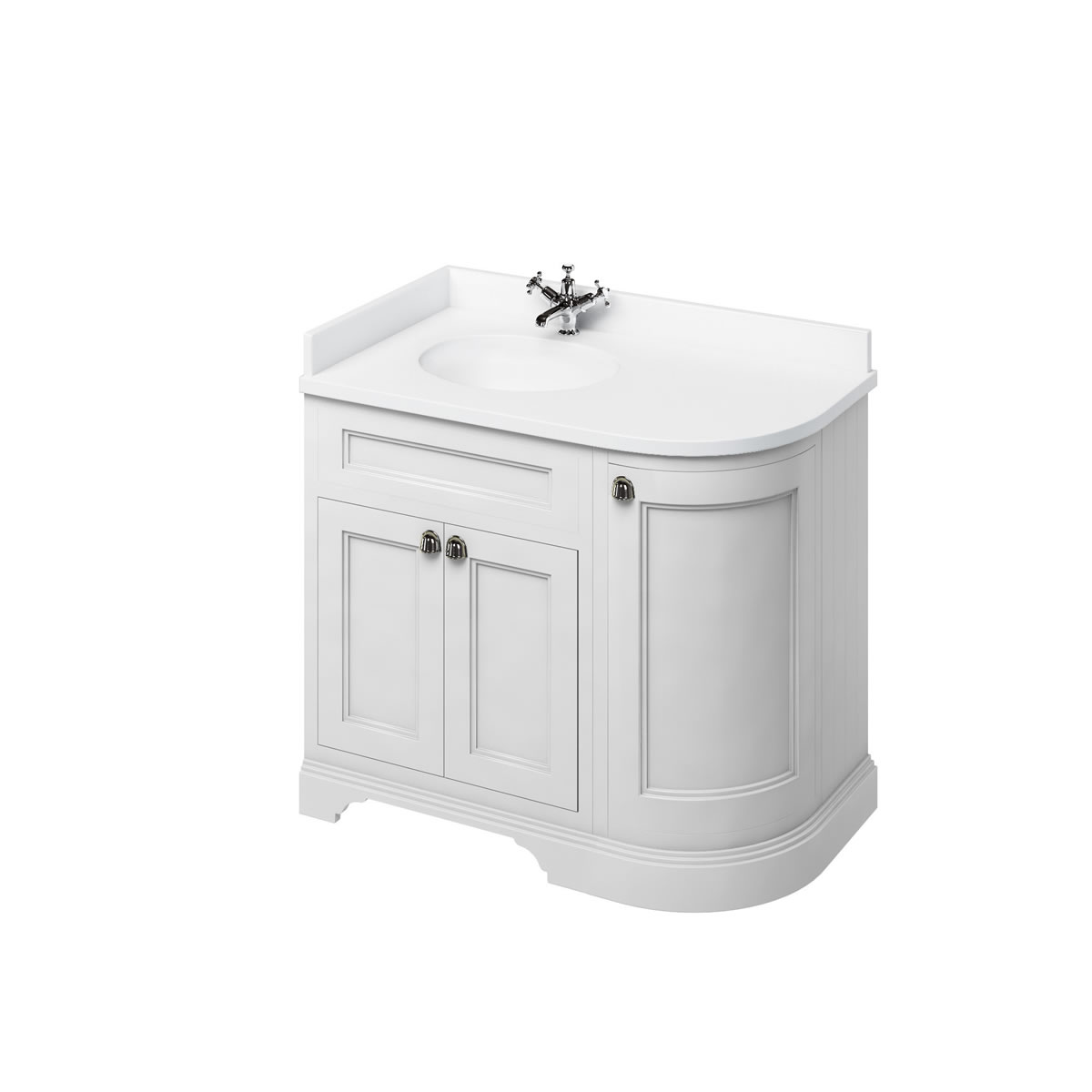 Freestanding 100 Curved Corner Vanity Unit Left Hand - Matt White and Minerva white worktop with integrated white basin