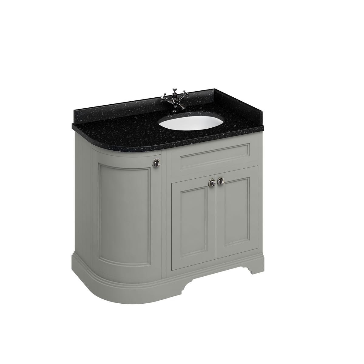 Freestanding 100 Curved Corner Vanity Unit Right Hand - Dark Olive and Minerva black granite worktop with integrated white basins