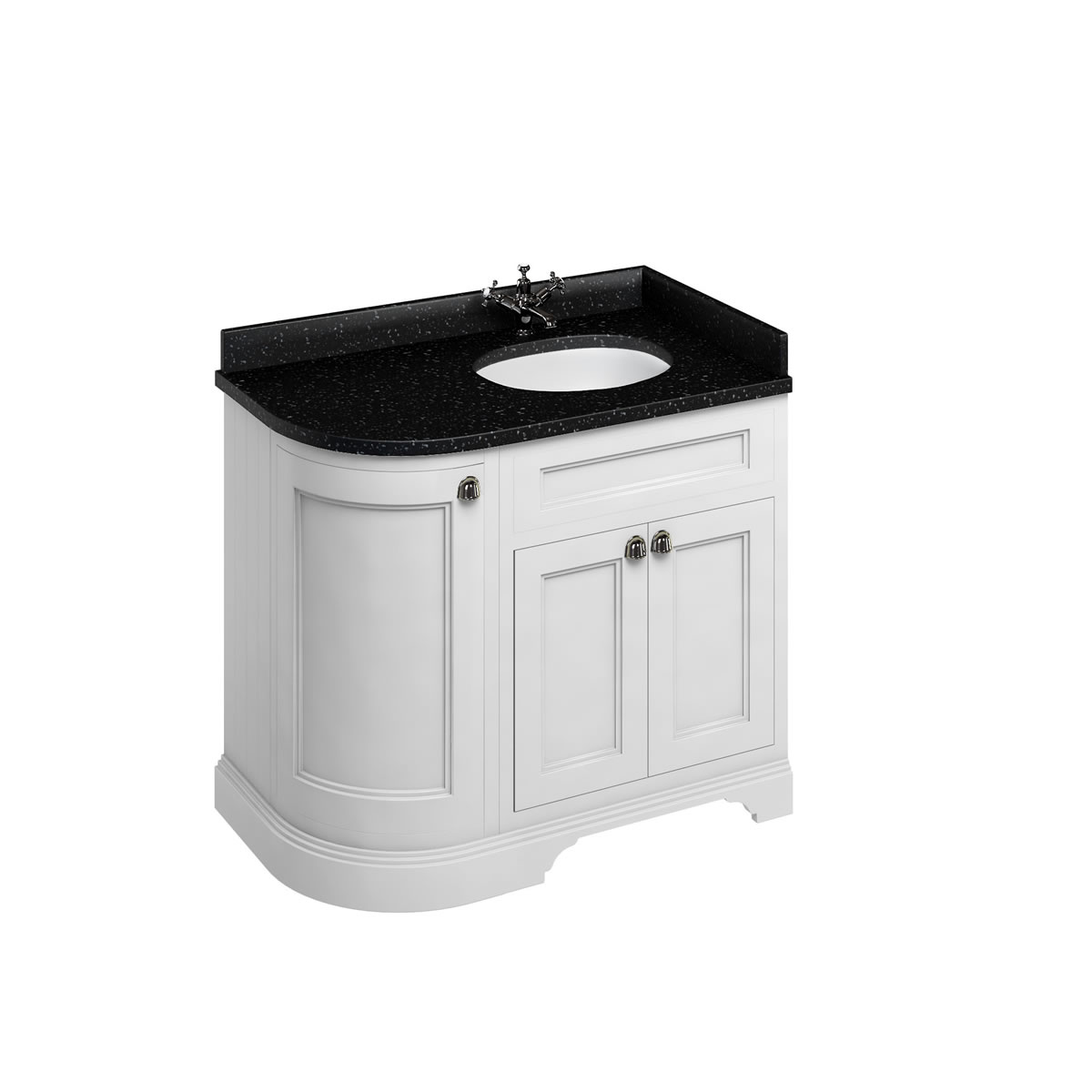 Freestanding 100 Curved Corner Vanity Unit Right Hand - Matt White and Minerva black granite worktop with integrated white basin