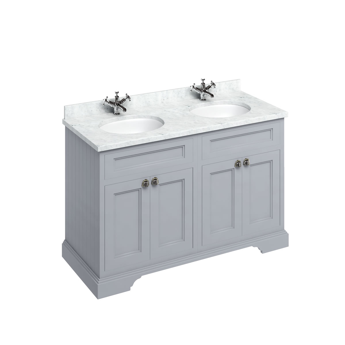 Freestanding 130 Vanity Unit with doors - Classic Grey and Minerva Carrara white worktop with two integrated white basins 