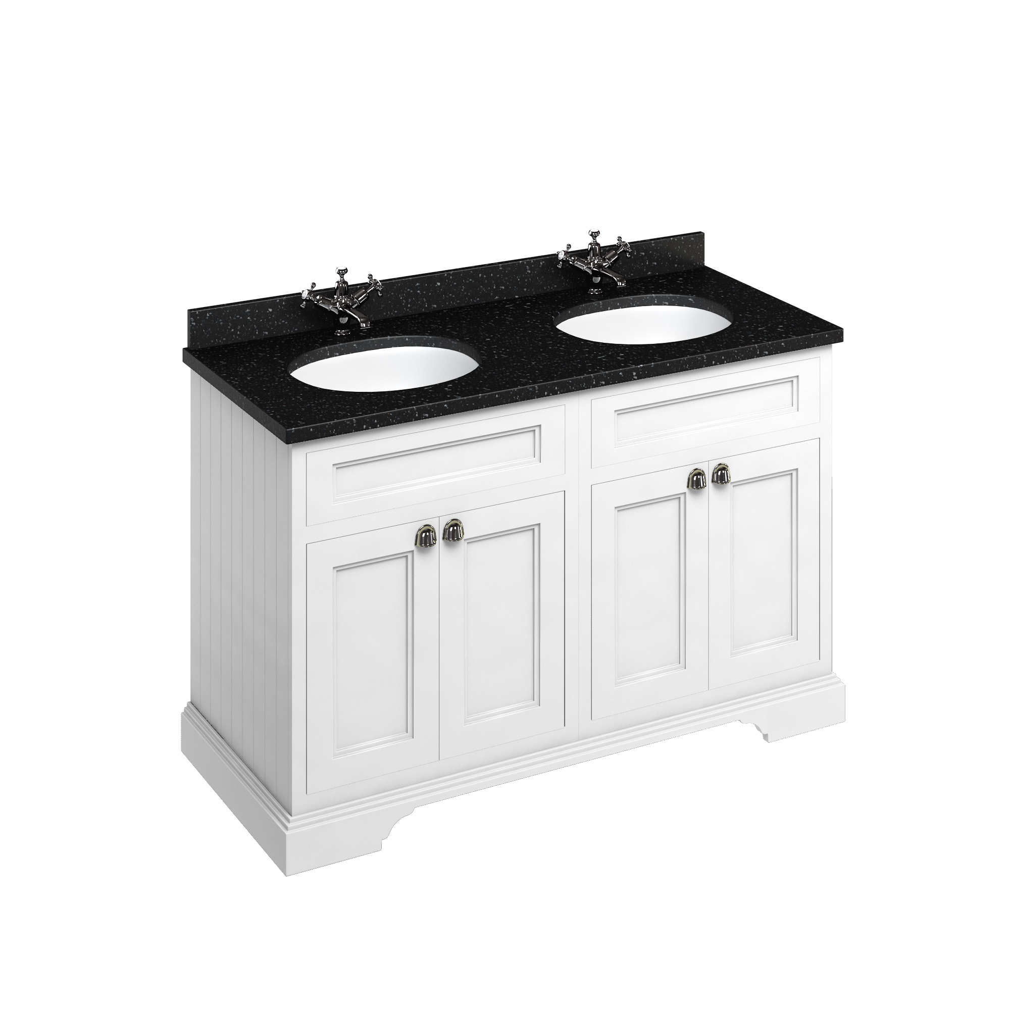 Freestanding 130 Vanity Unit with doors - Matt White and Minerva black granite worktop with two integrated white basins