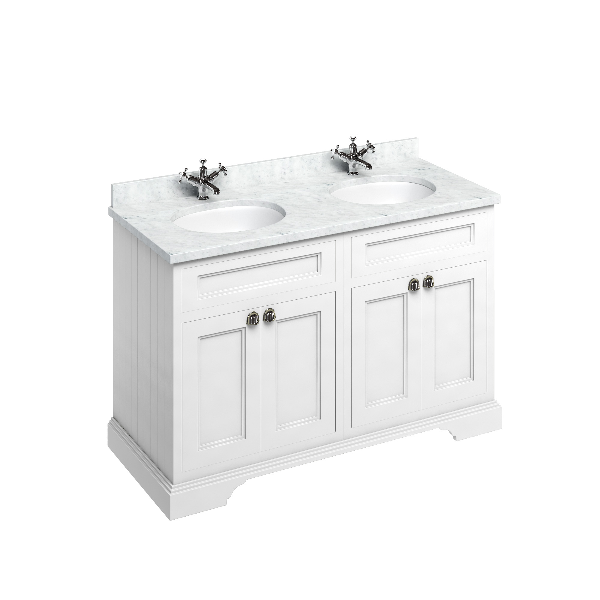 Freestanding 130 Vanity Unit with doors - Matt White and Minerva Carrara white worktop with two integrated white basins