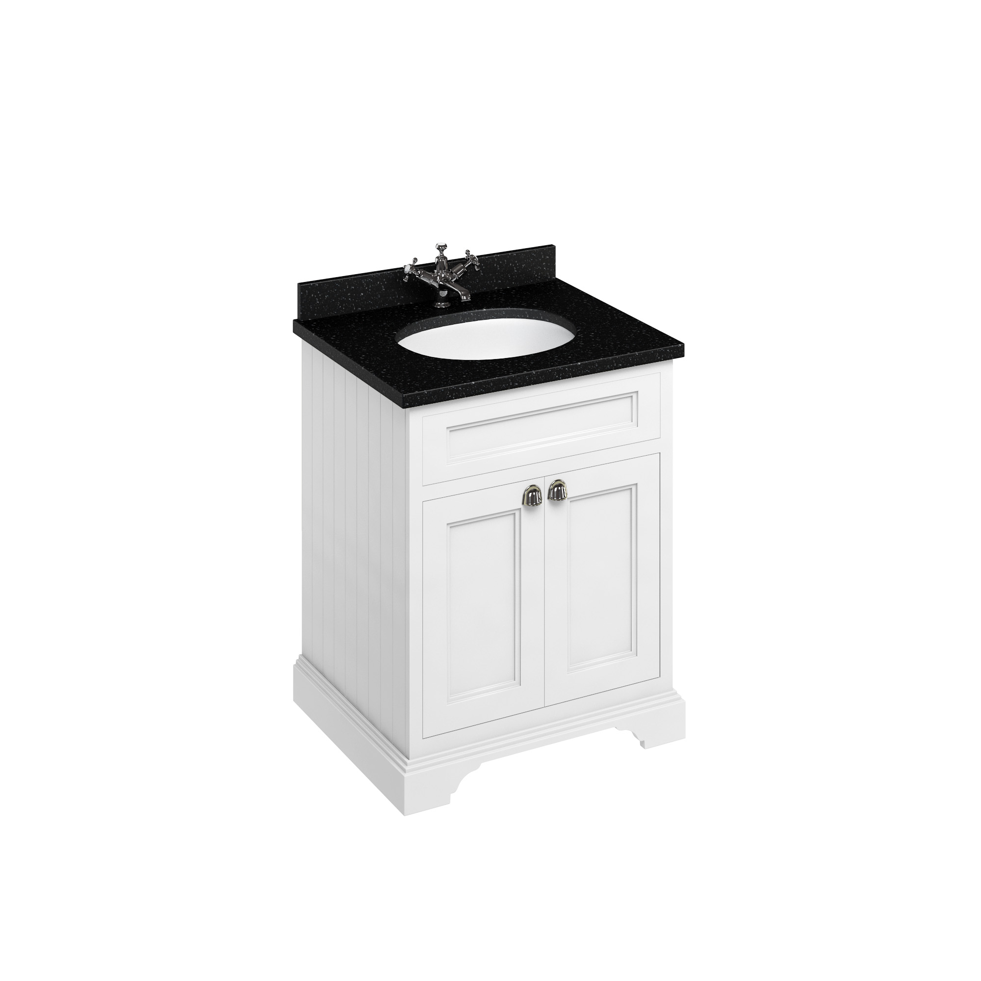 Freestanding 65 Vanity Unit with doors - Matt White and Minerva black granite worktop with integrated white basin