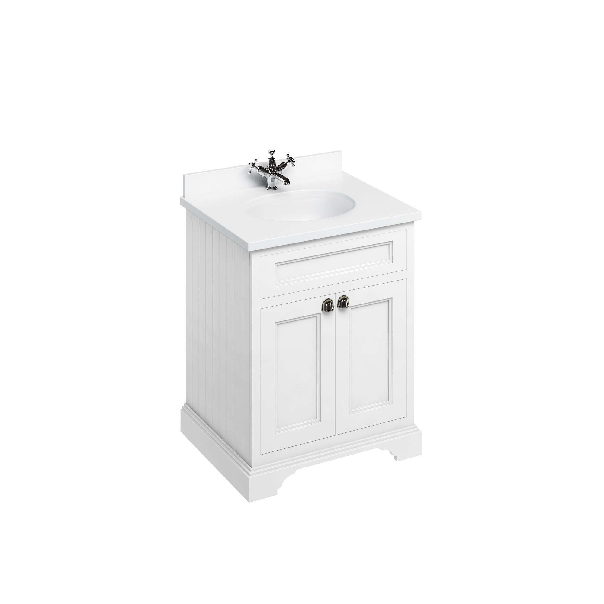 Freestanding 65 Vanity Unit with doors - Matt White and Minerva white worktop with integrated white basin