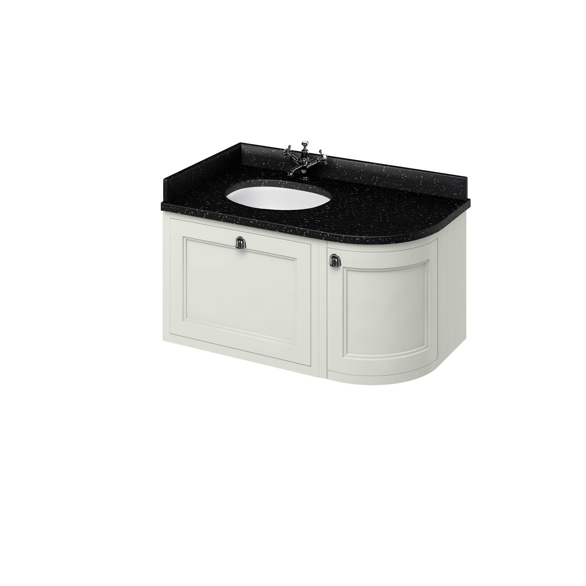 Wall Hung 100 Curved Corner Vanity Unit Left Hand - Sand and Minerva black granite worktop with integrated white basin