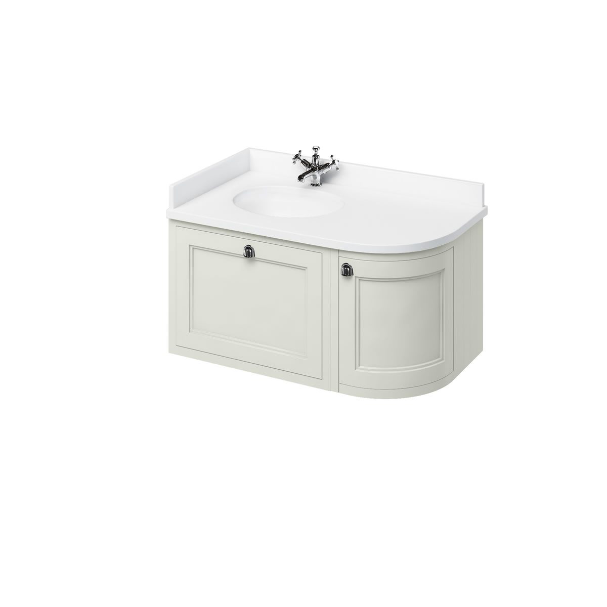Wall Hung 100 Curved Corner Vanity Unit Left Hand - Sand and Minerva white worktop with integrated white basin