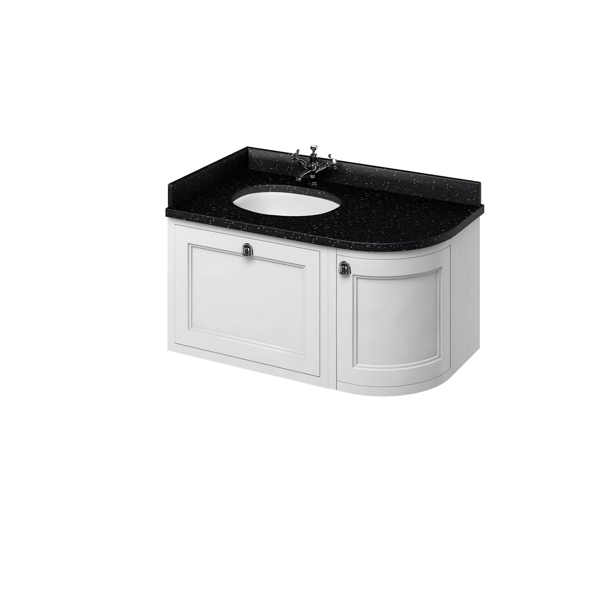 Wall Hung 100 Curved Corner Vanity Unit Left Hand - Matt White and Minerva black granite worktop with integrated white basin