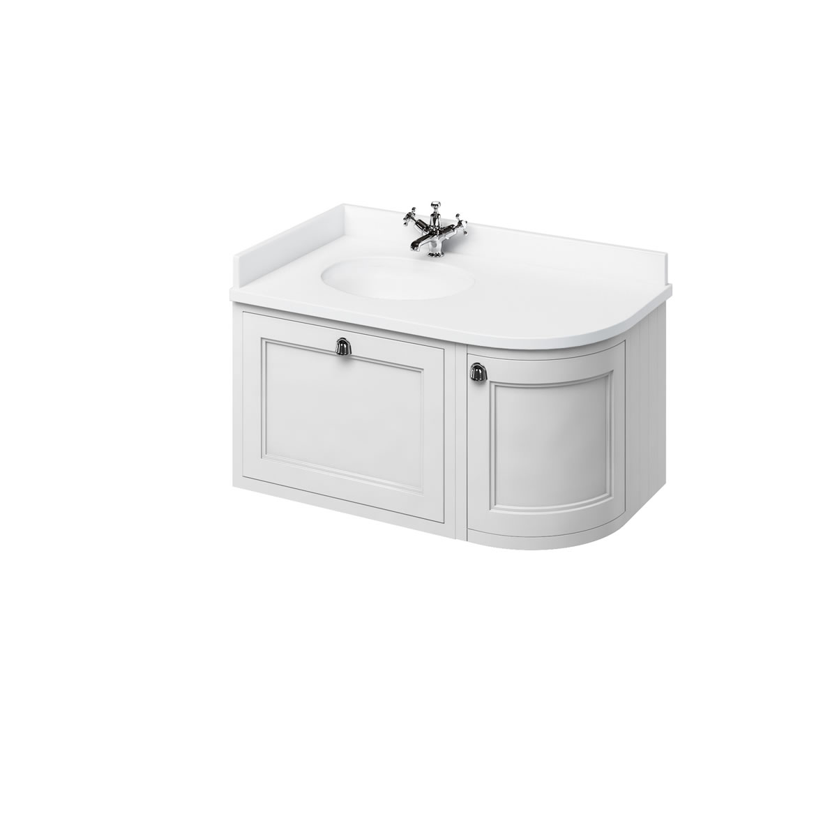 Wall Hung 100 Curved Corner Vanity Unit Left Hand - Matt White and Minerva white worktop with integrated white basin