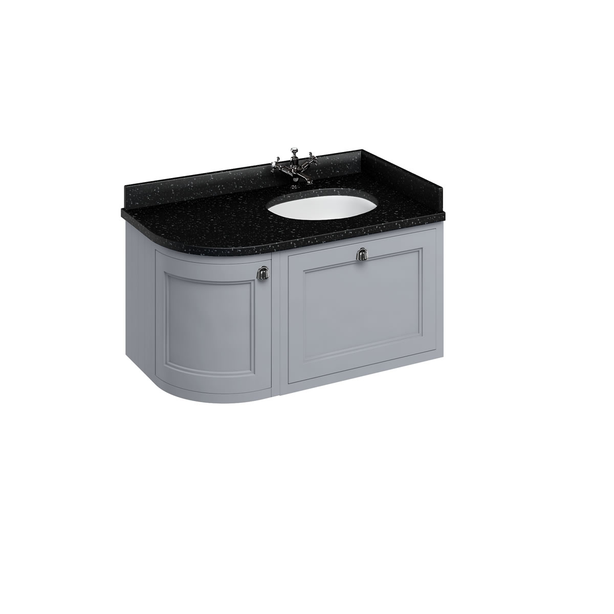 Wall Hung 100 Curved Corner Vanity Unit Right Hand - Classic Grey and Minerva black granite worktop with integrated white basin 