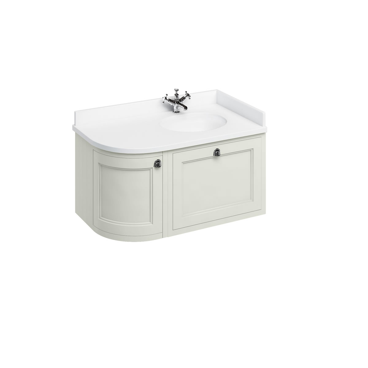 Wall Hung 100 Curved Corner Vanity Unit Right Hand - Sand and Minerva white worktop with integrated white basin