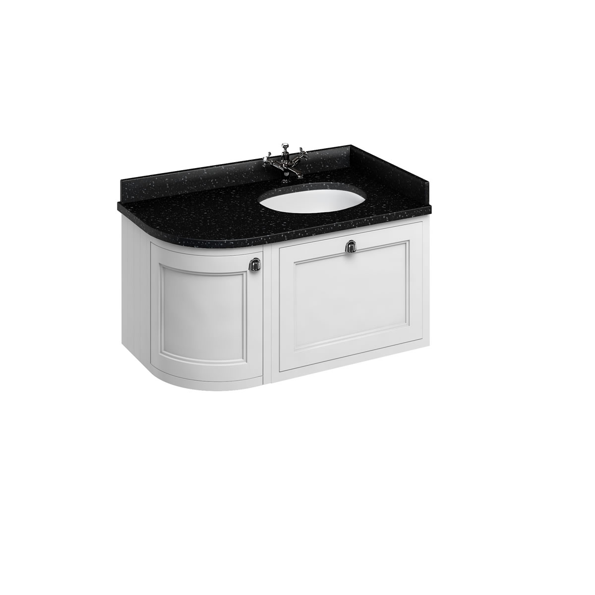 Wall Hung 100 Curved Corner Vanity Unit Right Hand - Matt White and Minerva black granite worktop with integrated white basin