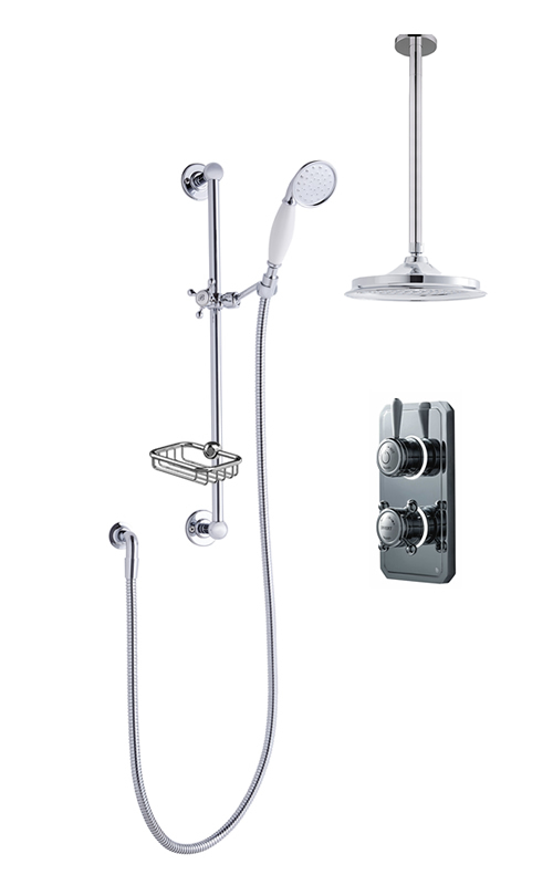 Classic 1910 dual outlet shower set with ceiling arm, slide bar and soap basket - high pressure