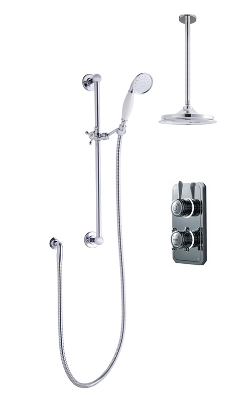 Classic 1910 dual outlet shower set with ceiling arm and slide bar - high pressure