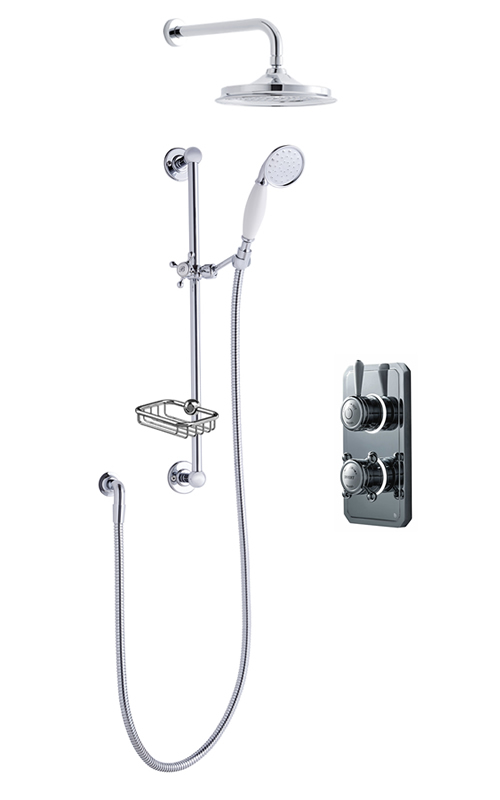 Classic 1910 dual outlet shower set with wall arm, slide bar and soap basket - high pressure