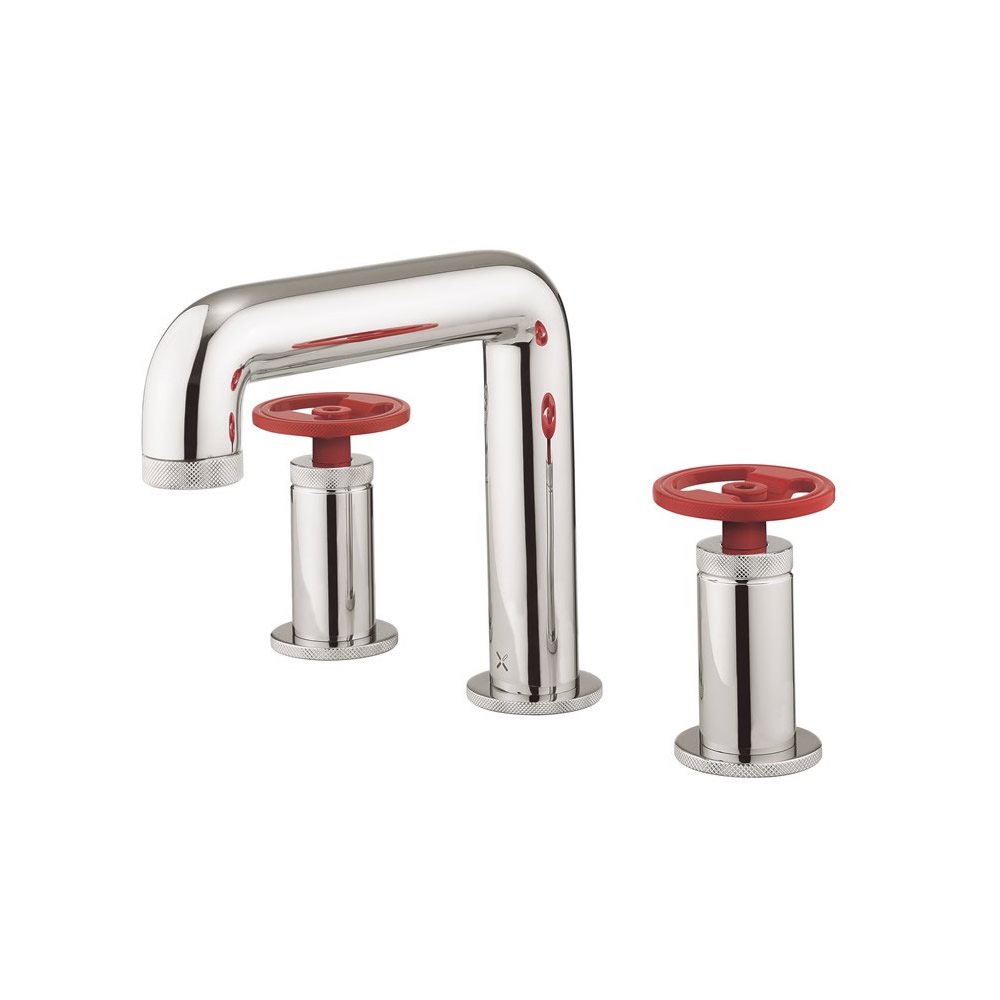 UNION Three Hole Deck Mounted Basin Set Chrome Red Wheel