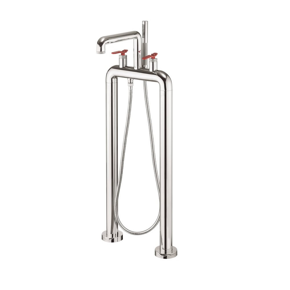 UNION Free Standing Bath Filler & Shower Kit Chrome Red Lever